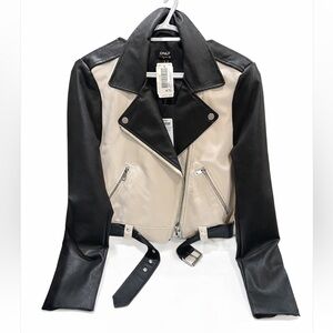 ONLY Women's Two-Tone Black and Cream Leather Jacket